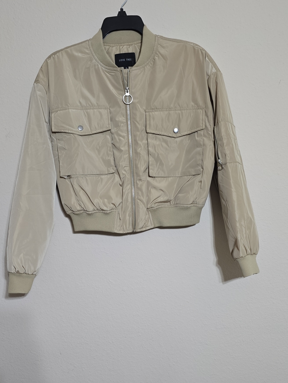 NWOT Juniors Love Tree Beige Utility Bomber Jacket Multiple Sizes Available